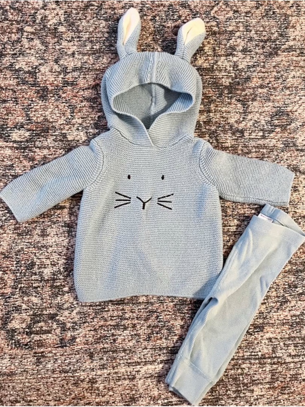 Hanna Andersson Light Blue Knit Baby Hoodie with Bunny Ears Set